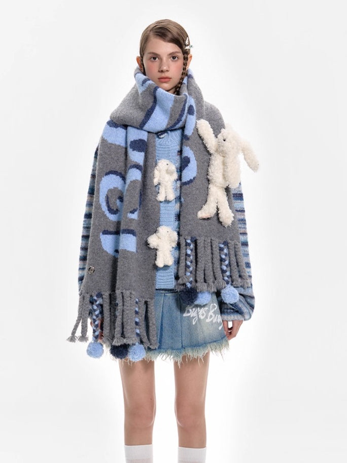 Jacquard Pom-Pom Knit Shawl Scarf