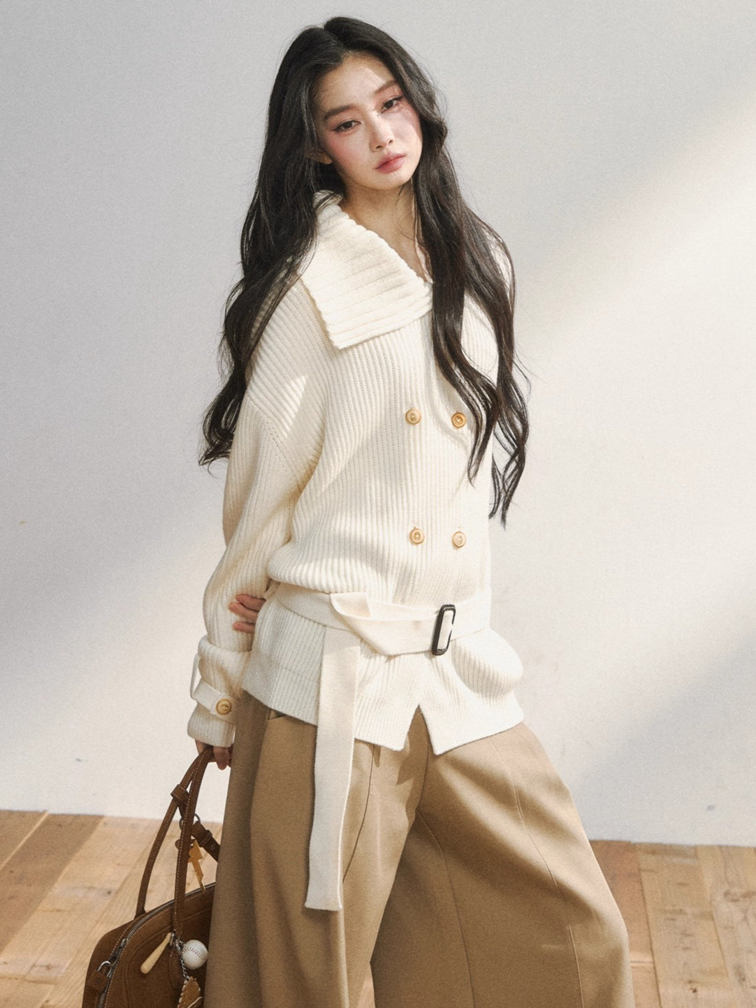 Double-Breasted Belted Knit Cardigan