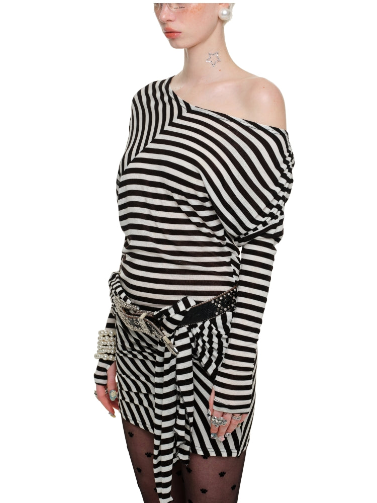 Black & White Striped Asymmetrical Dress - CHINASQUAD
