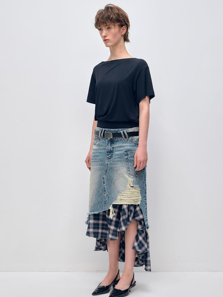 Irregular Denim Patchwork Plaid Fish Tail Skirt - CHINASQUAD