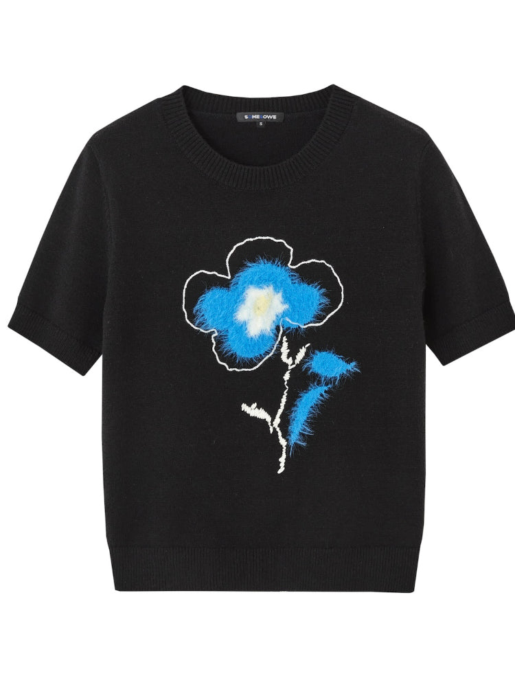 Embroidered Flower Knit Short Sleeve T-shirt - CHINASQUAD