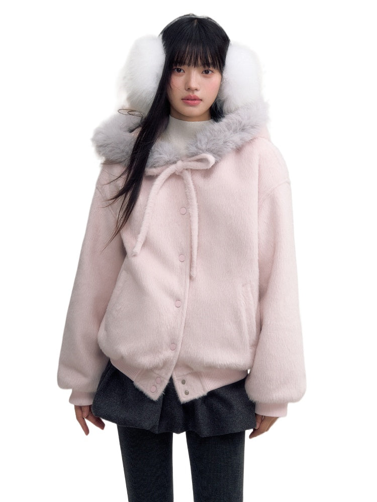 Pink Bow Tie Hooded Fur Baseball Jacket - CHINASQUAD