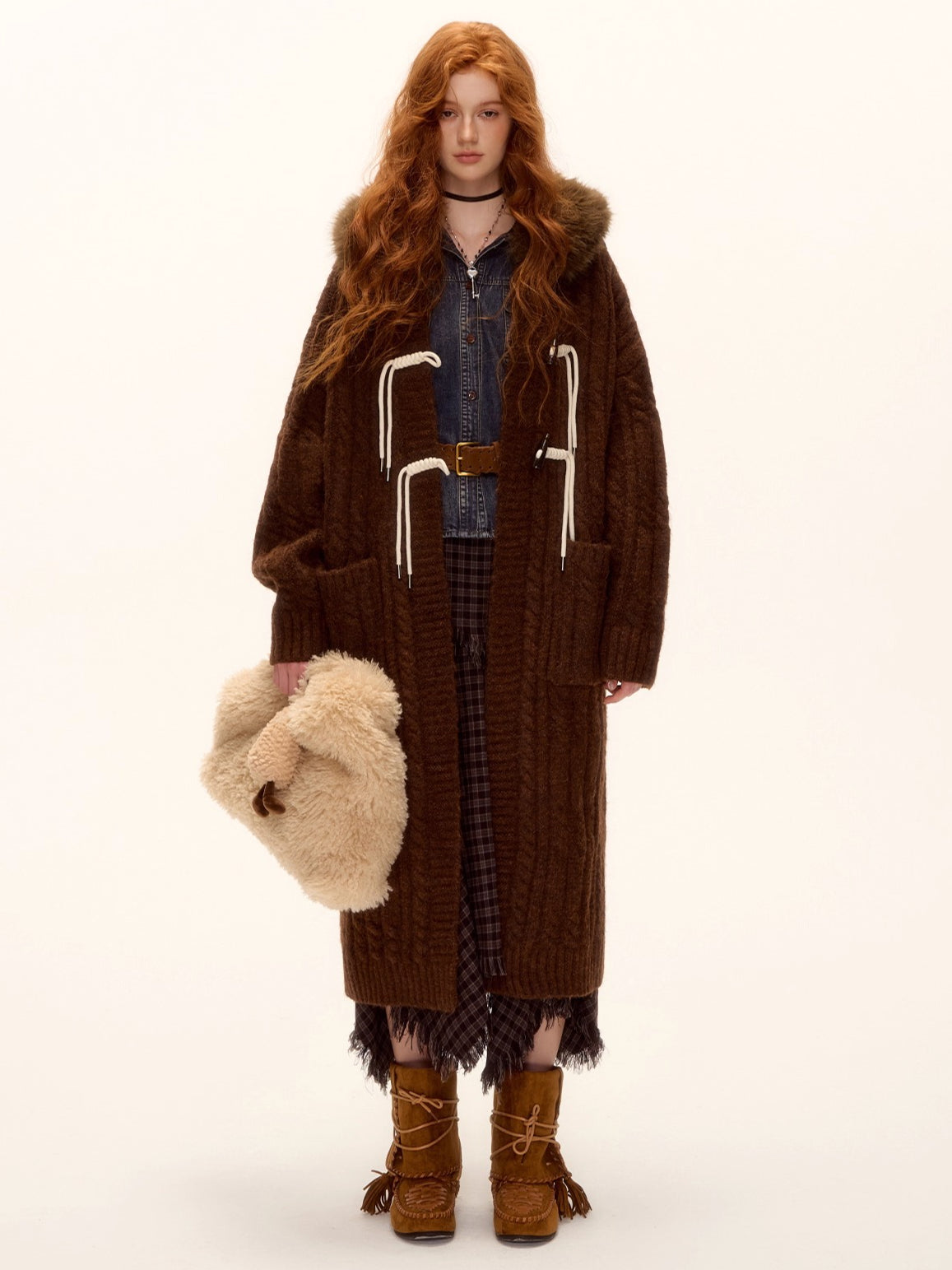 Detachable Fur Collar Cable-Knit Duffle Coat