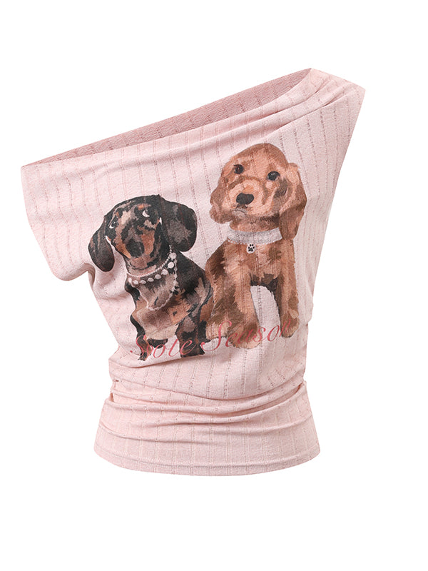 Puppy Print Off-Shoulder Tee - CHINASQUAD