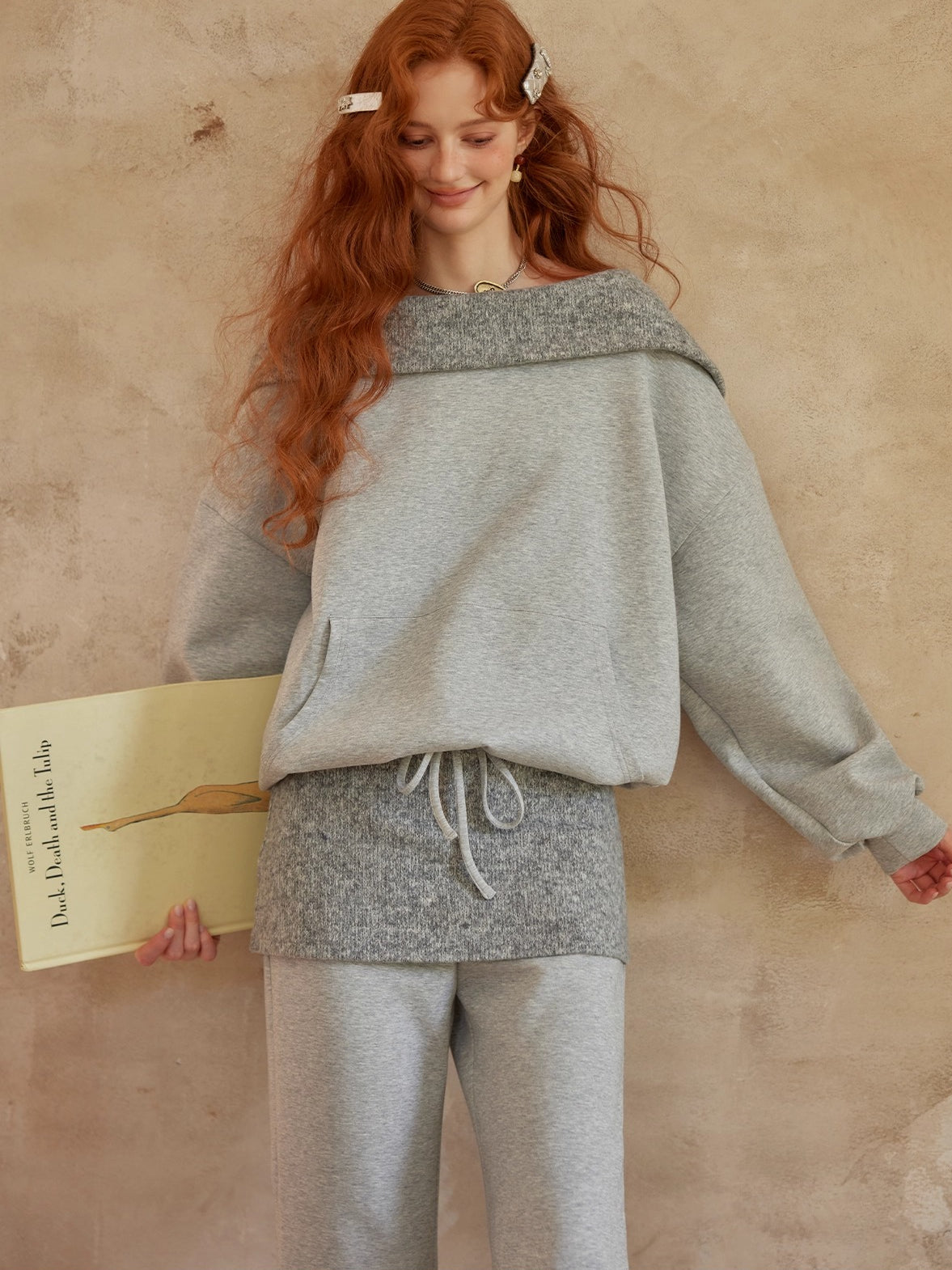 Grey Off-Shoulder Sweatshirt & Flared Pants Two-Piece Set