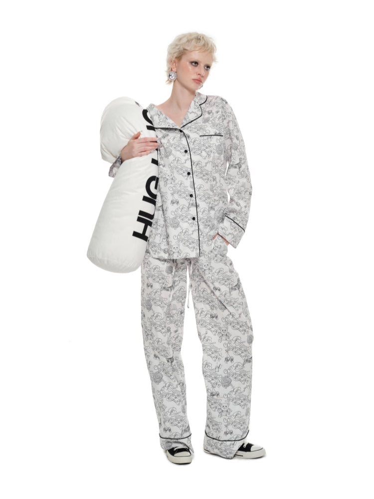 Black Letter Tattoo Print Cotton Pajamas Set - CHINASQUAD