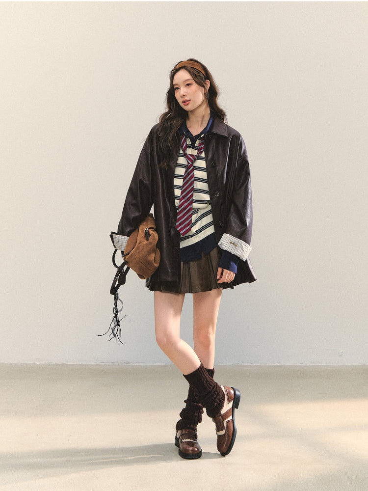 Black H-shaped Cuff Checkered Spliced Leather Jacket - CHINASQUAD