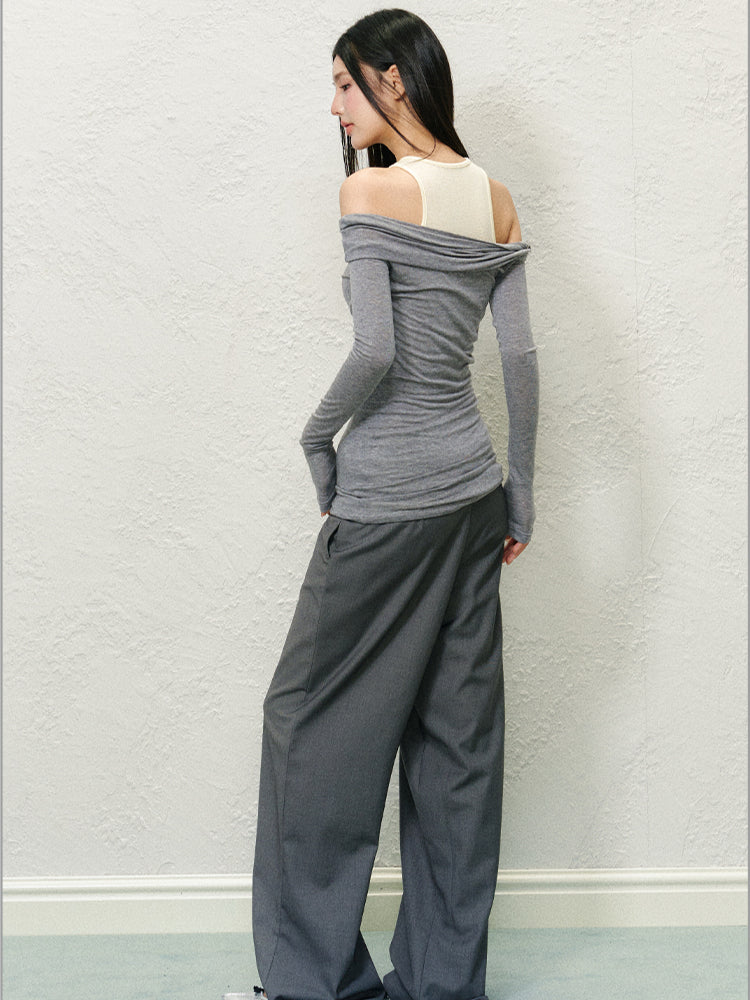 Fake Two-Piece Off-Shoulder Colorblock T-shirt - CHINASQUAD