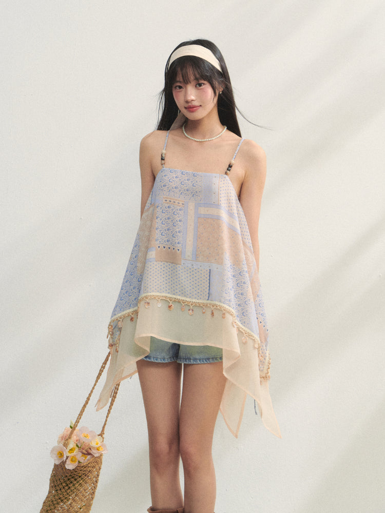 Irregular Beaded Strappy Printed Slip Dress - CHINASQUAD