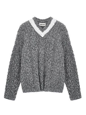 Gray & Brown V-Neck Cable Knit Pullover - CHINASQUAD