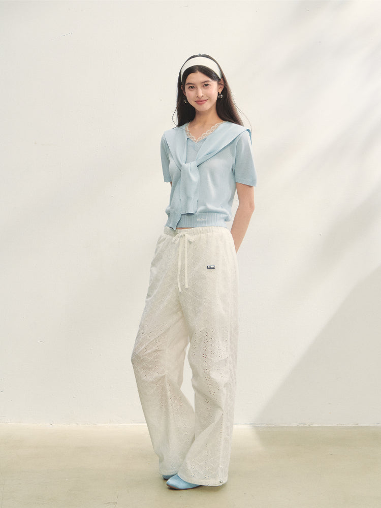 Hollow Embroidery Tie-up Casual Pants - CHINASQUAD