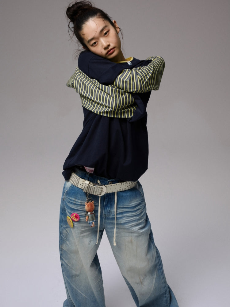Fake Two-Piece Contrast Color Loose Striped T-Shirt - CHINASQUAD