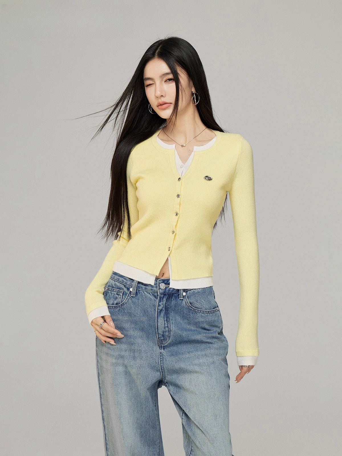 Contrast Layered Knit Cardigan - CHINASQUAD