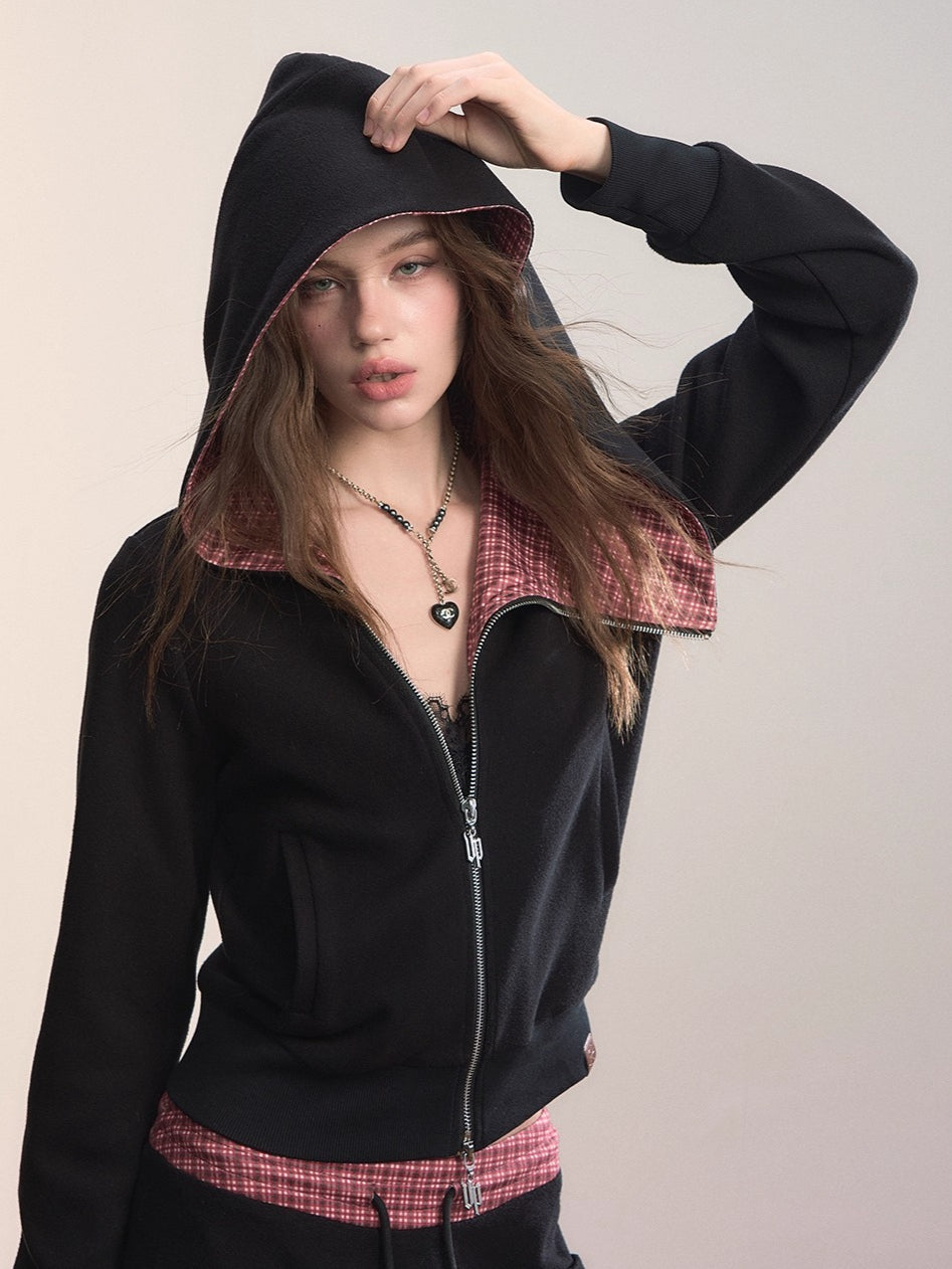 Asymmetric Contrast Collar Zip-up Hoodie - CHINASQUAD