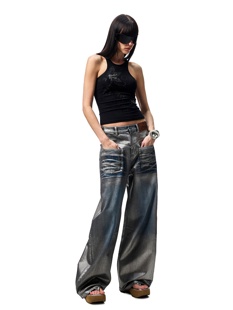 Silver-Foil Embroidered Straight-Leg Denim Curved Pants - CHINASQUAD