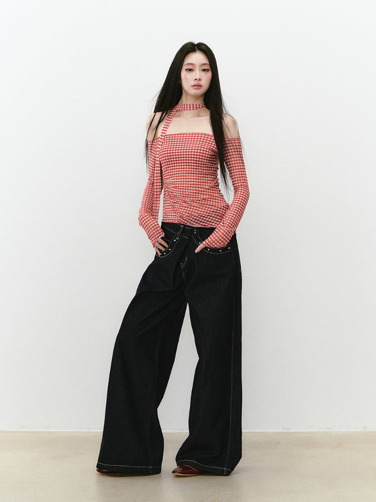 Plaid Mesh Ribbon Sunshade Long Sleeve T-shirt - CHINASQUAD