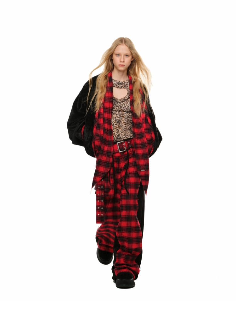 Plaid Color-Block Double-Waist Wide-Leg Pants - CHINASQUAD