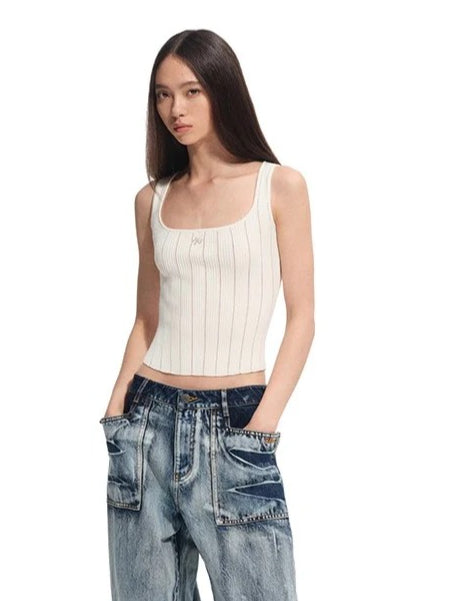 Hollow-out Square Neck Knit Tank Top - CHINASQUAD