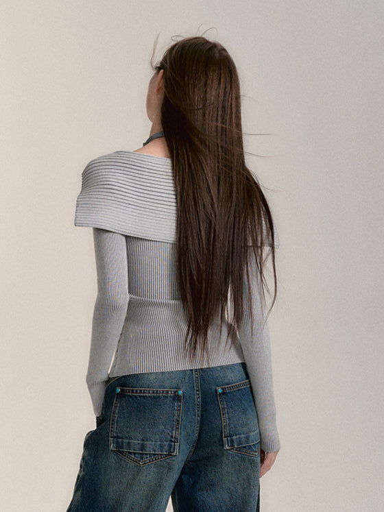 Slim Fit Knit Sweater with Large Collar - CHINASQUAD