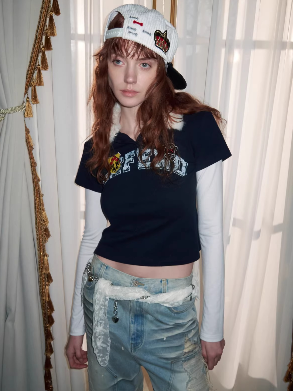 Layered Polo Long Sleeve Top with Faux Fur Collar