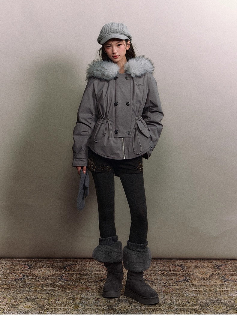 Faux Fur Collar Double-Breasted Down Parka Jacket - CHINASQUAD