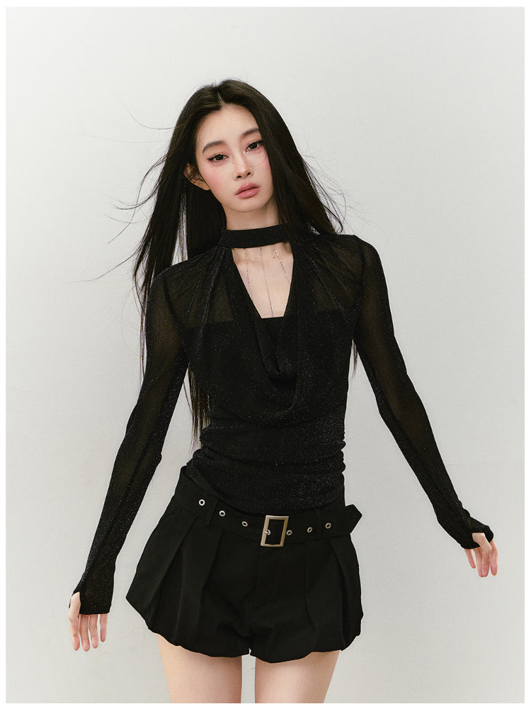 Chain Halter Draped Neck Fitted T-shirt - CHINASQUAD