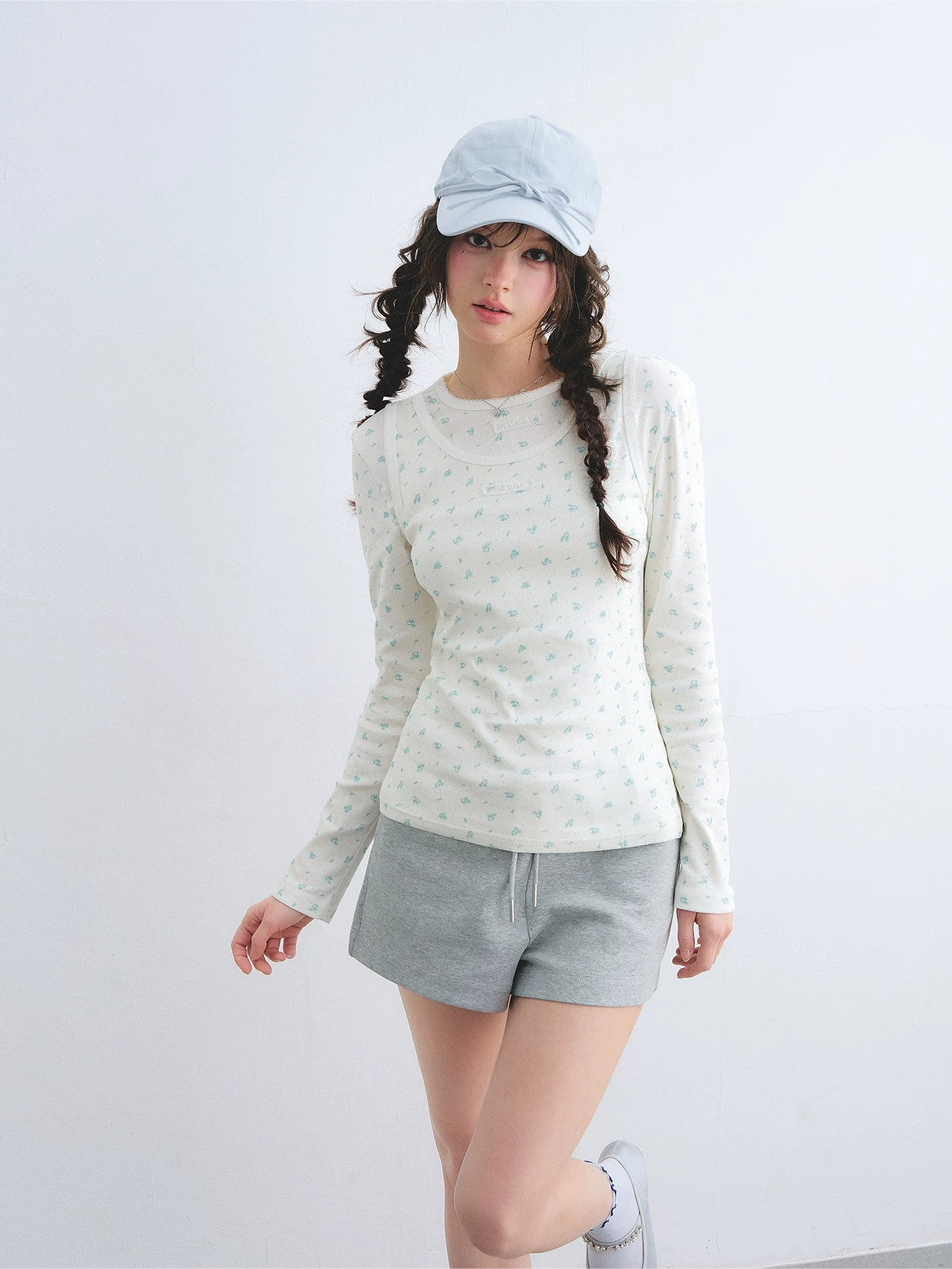 Vintage Floral Trim Long Sleeve Layered Top Set