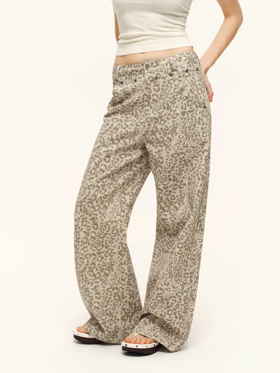 Vintage Studded Leopard Straight-Leg Trousers