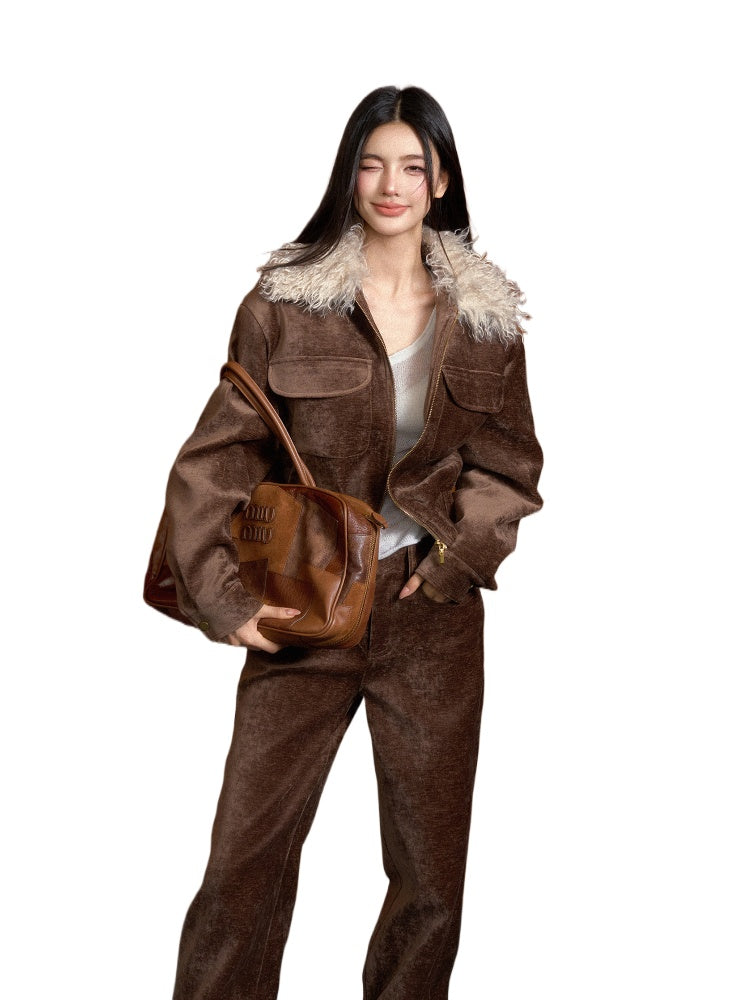 Vintage Brown Suede Jacket with Removable Fur Collar - CHINASQUAD