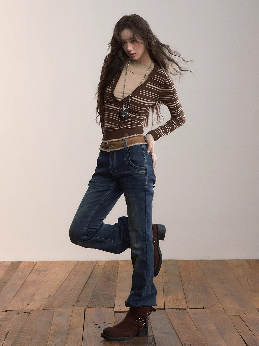 Contrast Panel Faux Fur Waist  Flare Jeans