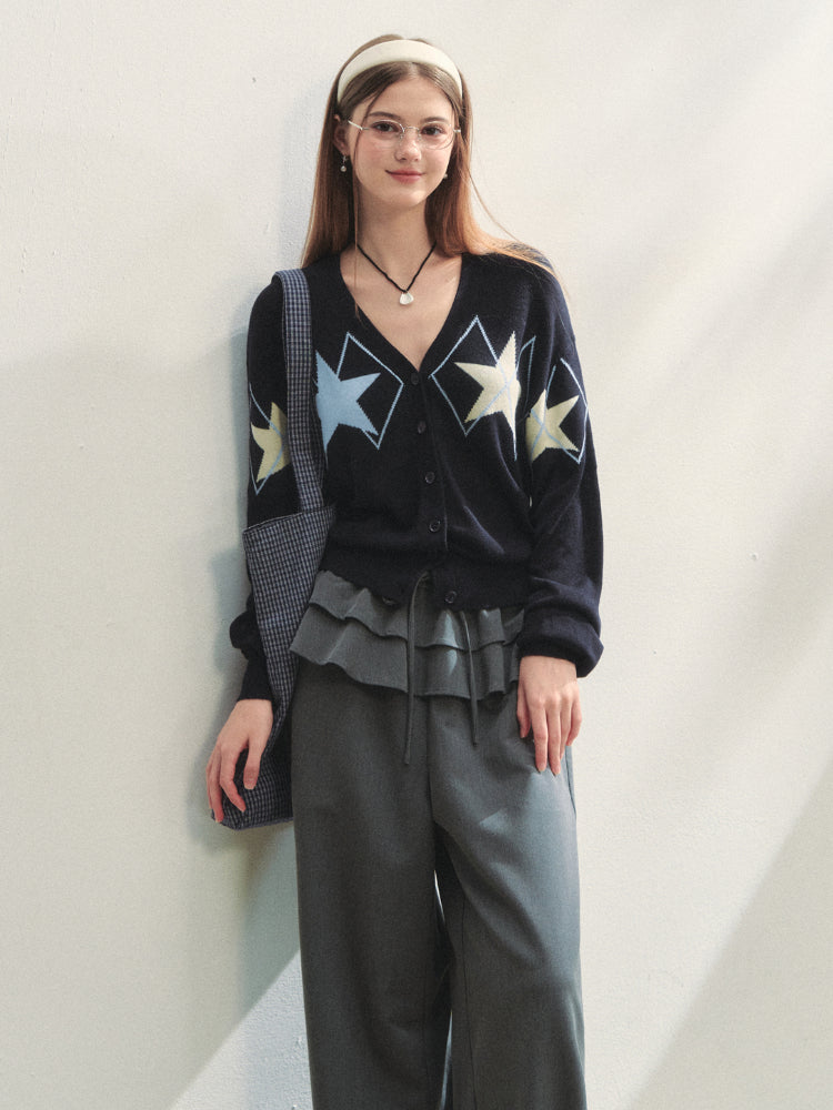 Single-breasted Star Argyle Knit Cardigan - CHINASQUAD