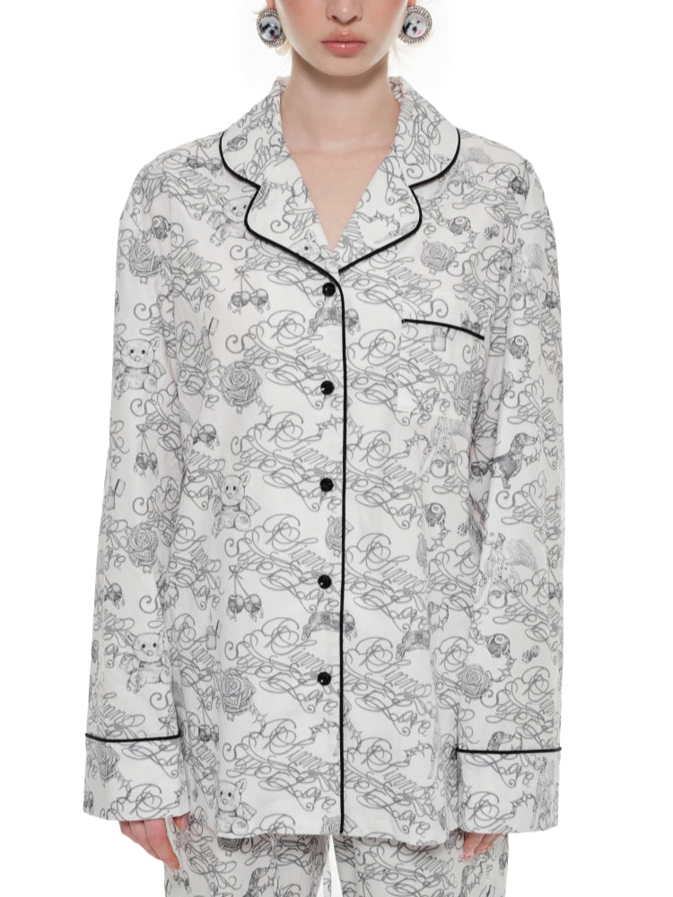 Black Letter Tattoo Print Cotton Pajamas Set - CHINASQUAD