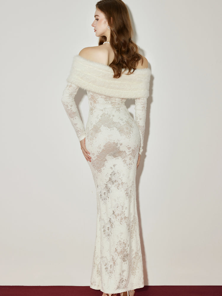 Cynthia Off-Shoulder Fur Collar Long Sleeve Lace Dress - CHINASQUAD