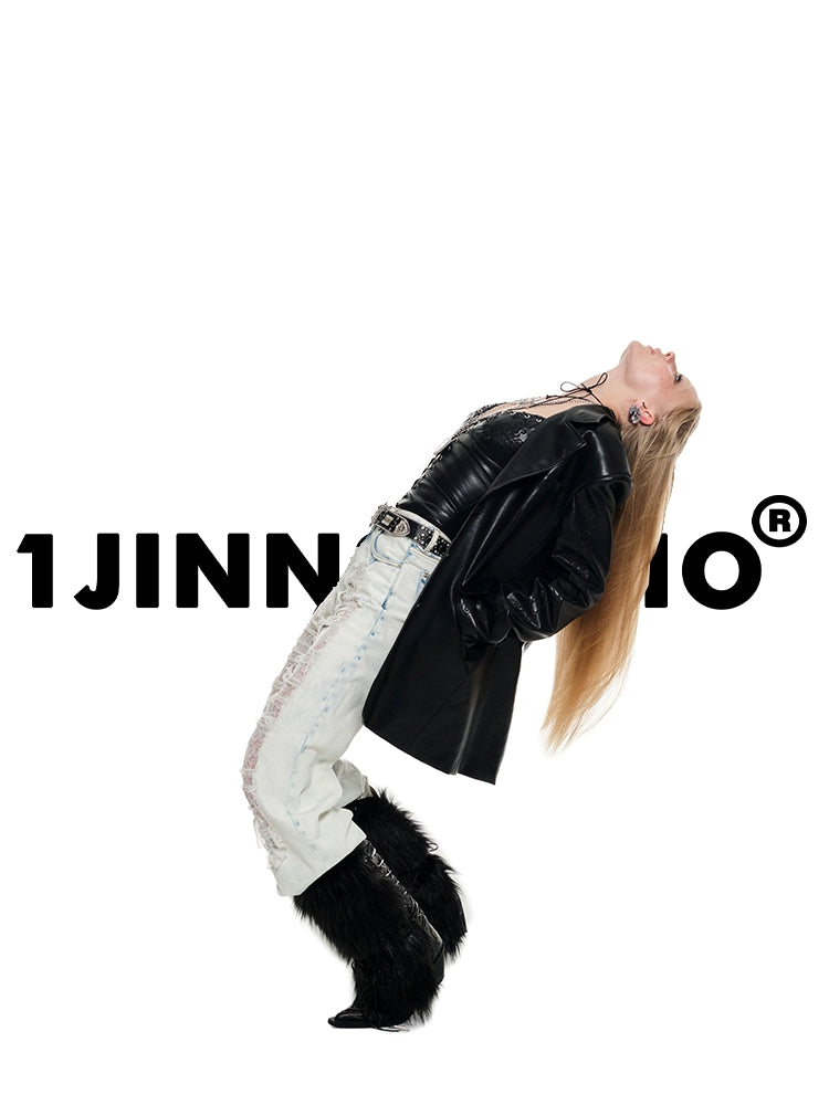 Blue & Black Ripped Lace Denim Jeans - CHINASQUAD