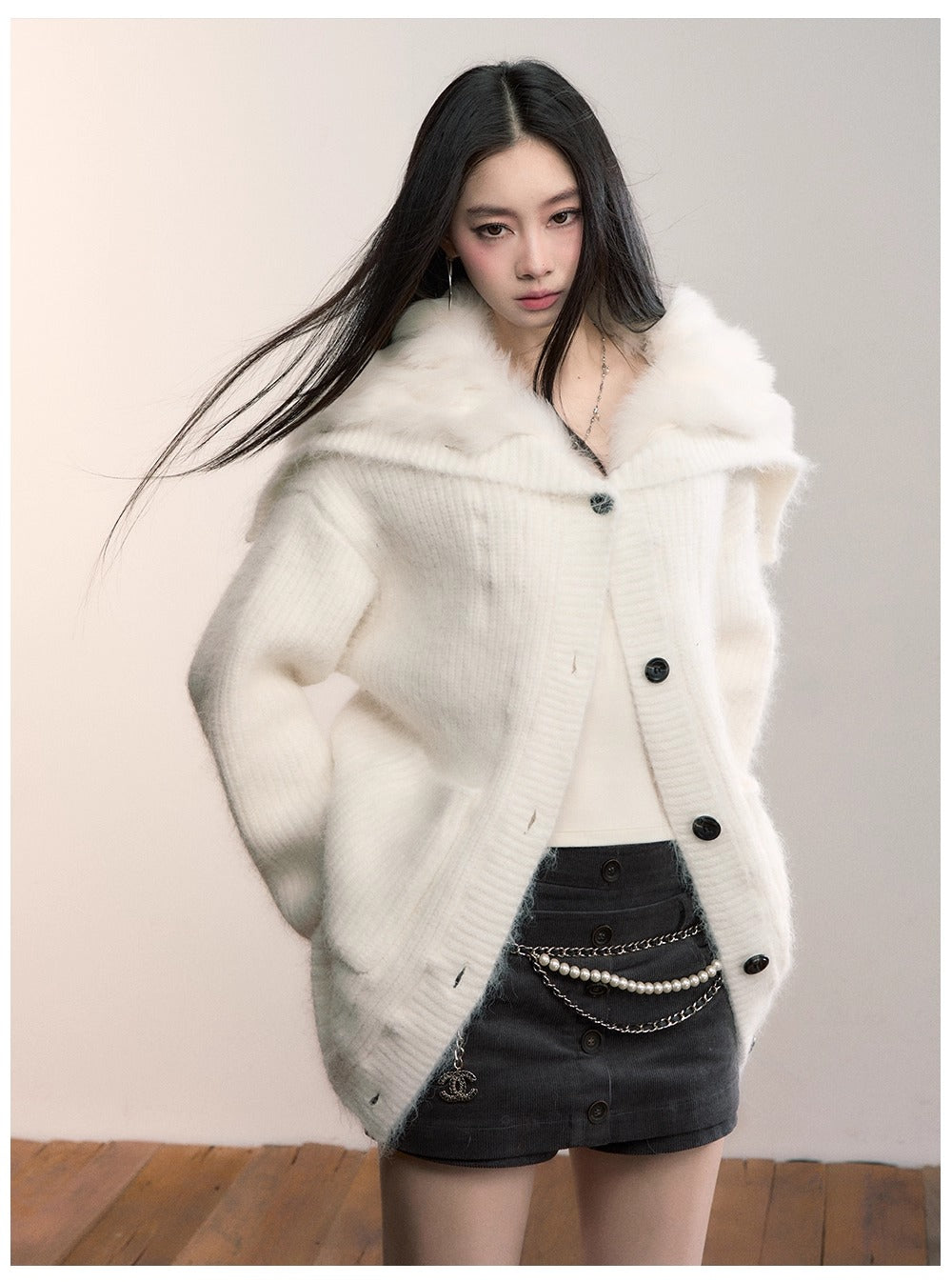 Fox Fur Collar Plush Knit Cardigan