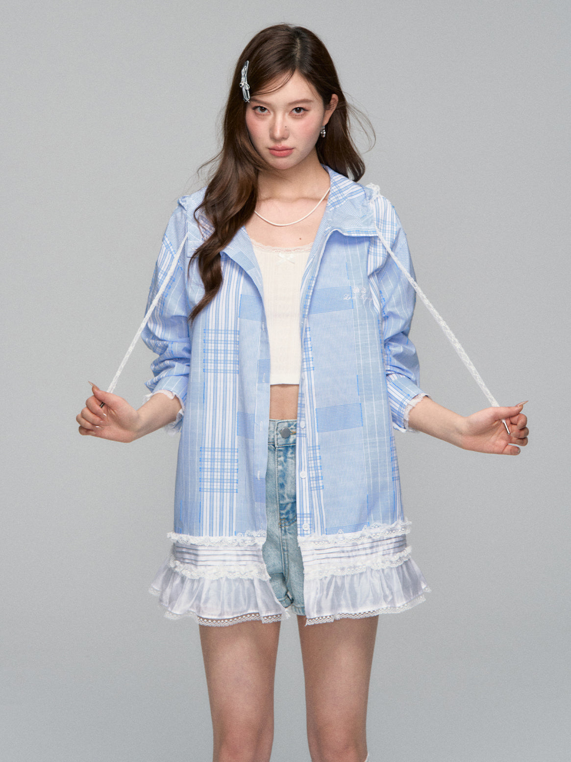 Plaid Lace-Trimmed Hooded Shirt Jacket