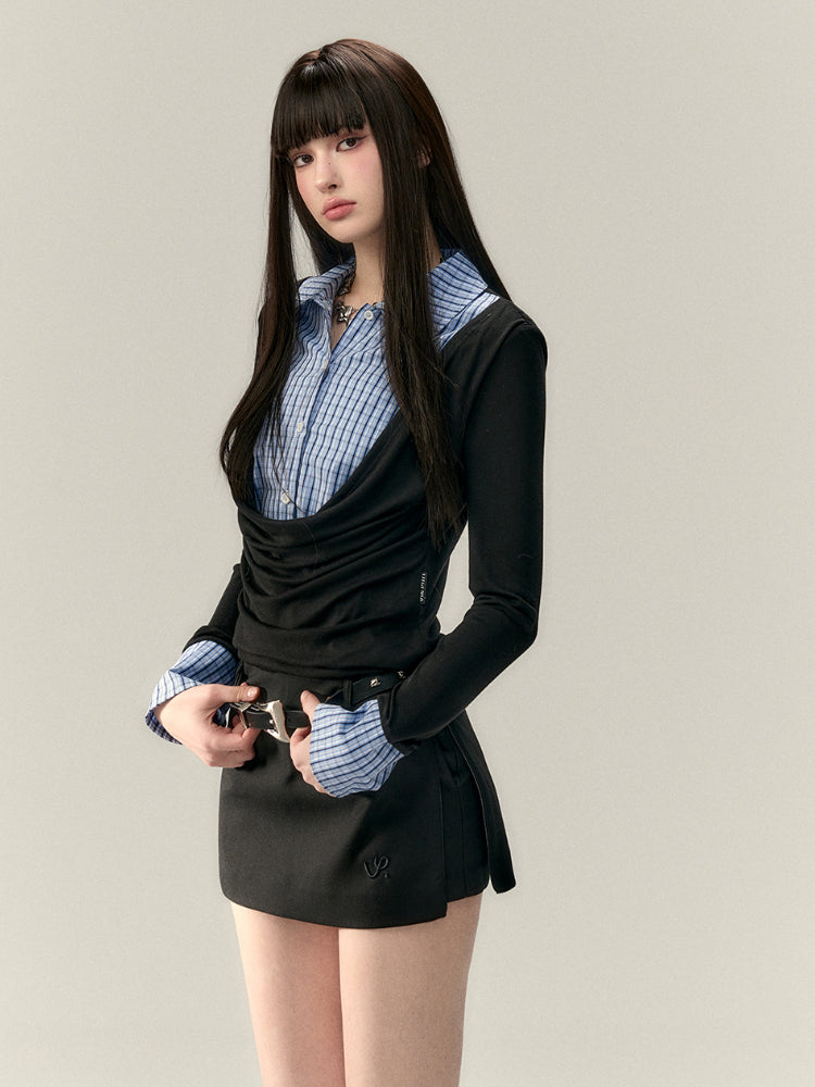 Fake Two-Piece Plaid Spliced Shirt - CHINASQUAD