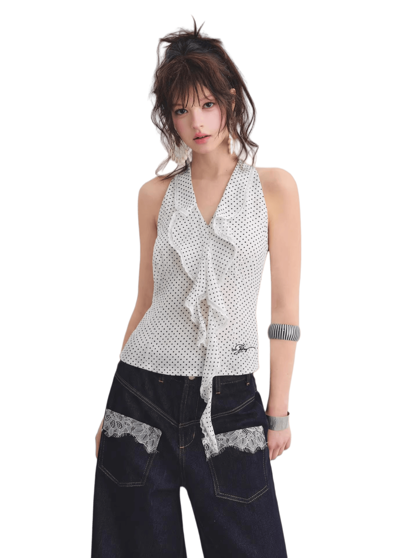 Polka Dot Lace Ruffle V-Neck Camisole