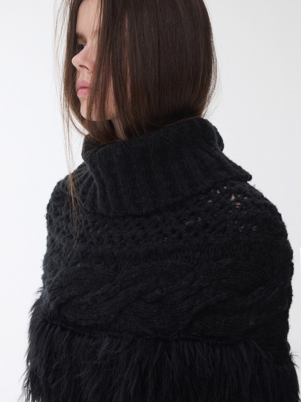 Cable Knit Fringed High-Neck Wool Blend Poncho