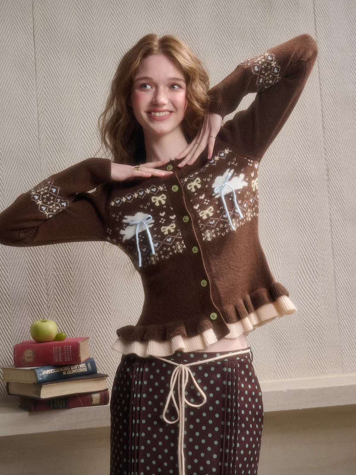 Fair Isle Knit Cardigan & Polka Dot Skirt Set