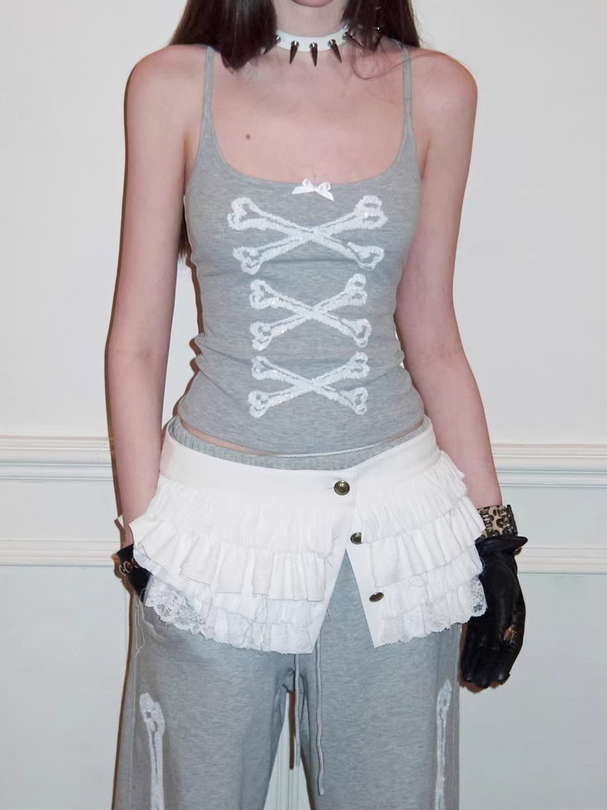 Button Chiffon Lace Layered Mini Skirt