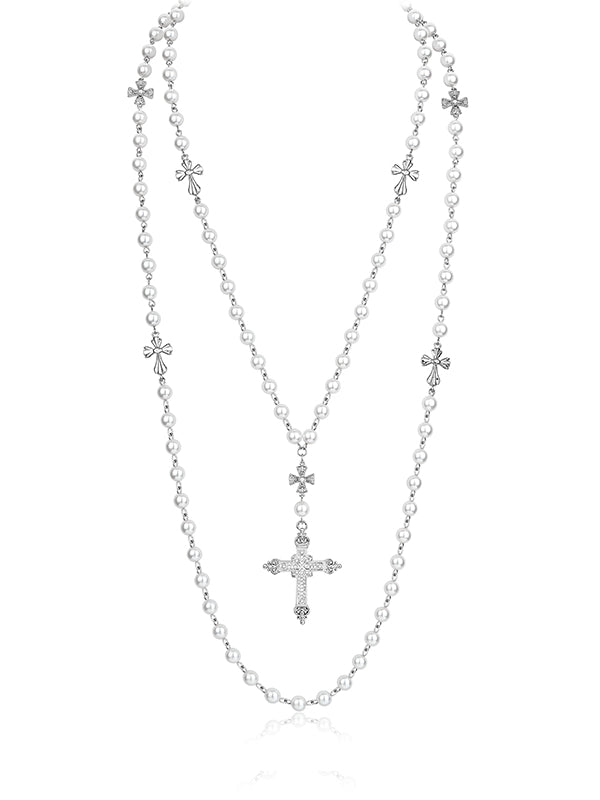 Layered Punk Heart Pearl Cross Long Necklace - CHINASQUAD