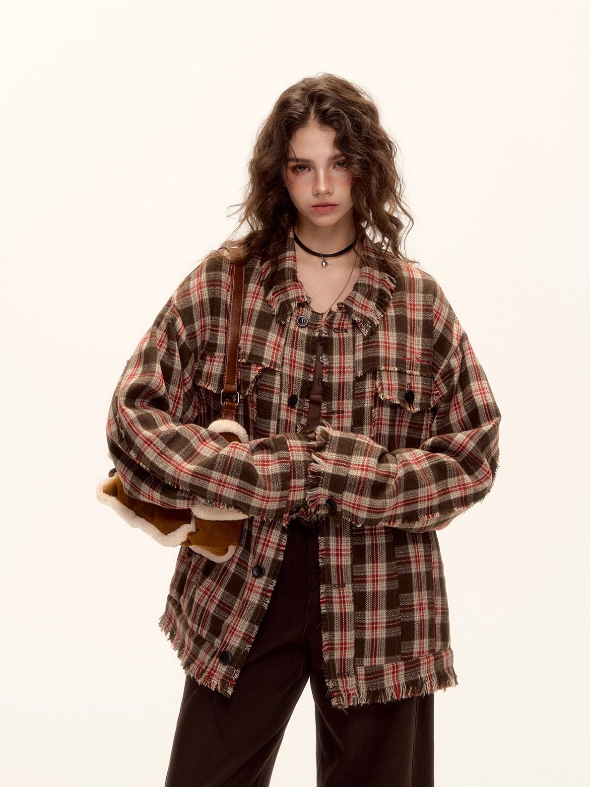 Wool Blend Checkered Contrast Fringe Shirt