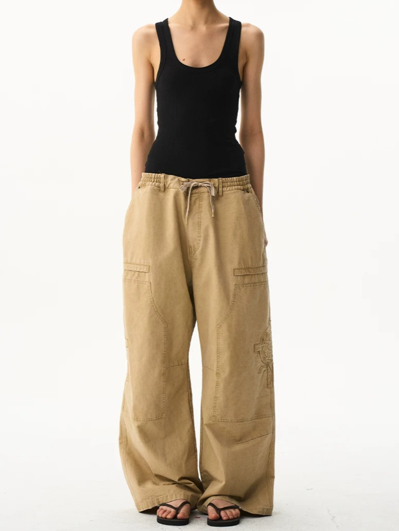 Vintage Washed Embroidered Workwear Baggy Pants