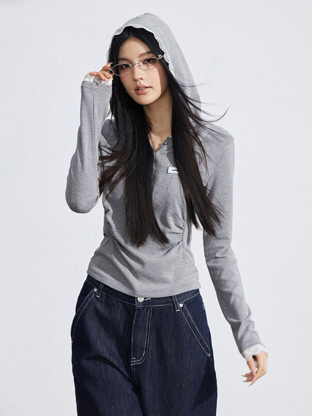 Lace Hooded Slim-Fit Long Sleeve T-Shirt