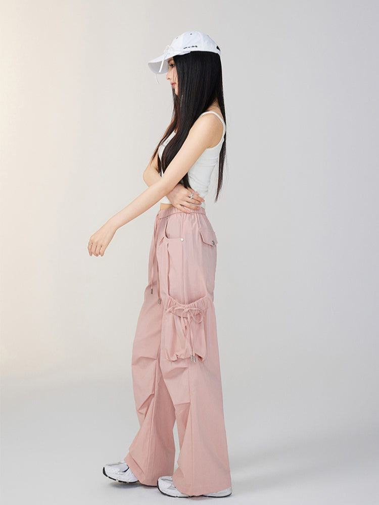 Bowknot Tie Waist Cargo Wide-Leg Pants - CHINASQUAD