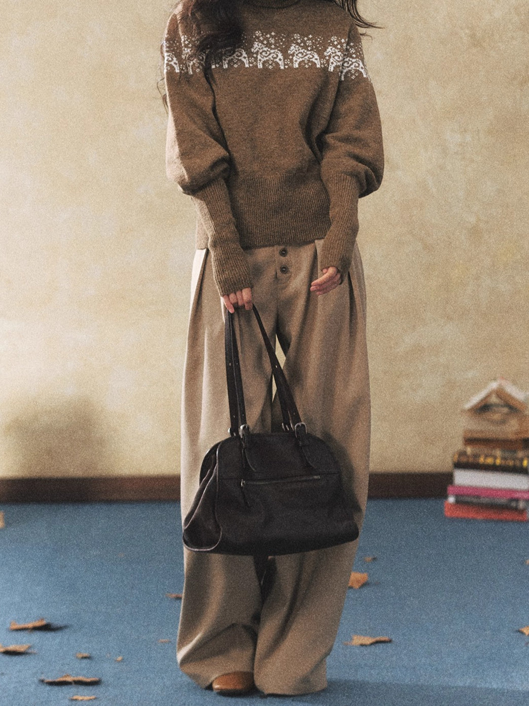 Khaki Relaxed Straight-Leg Wide Trousers