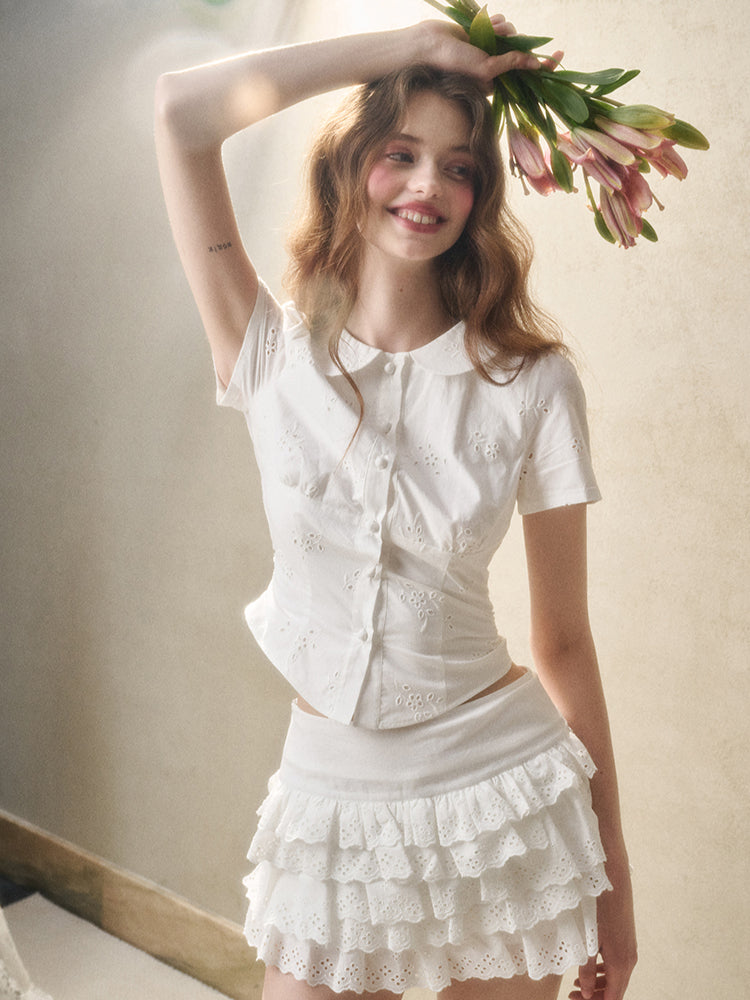 Embroidered Lace Waist Shirt & Skirt Set - CHINASQUAD