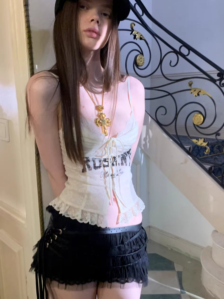 Lace-Up Letter Print Corset Camisole