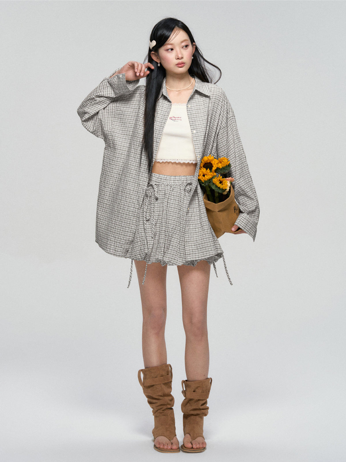 Khaki & Black Retro Check Shirt & Skirt Set - CHINASQUAD